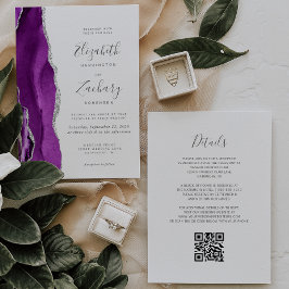 Invitación Moderno Boda de código QR de Agate de Plata Púrpur