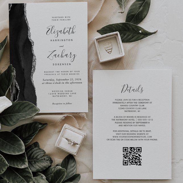 Invitación Moderno Boda de código QR de Agate negro plateado (Subido por el creador)