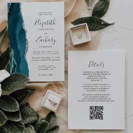 Invitación Moderno Boda de código QR de Agate Plateado Verde