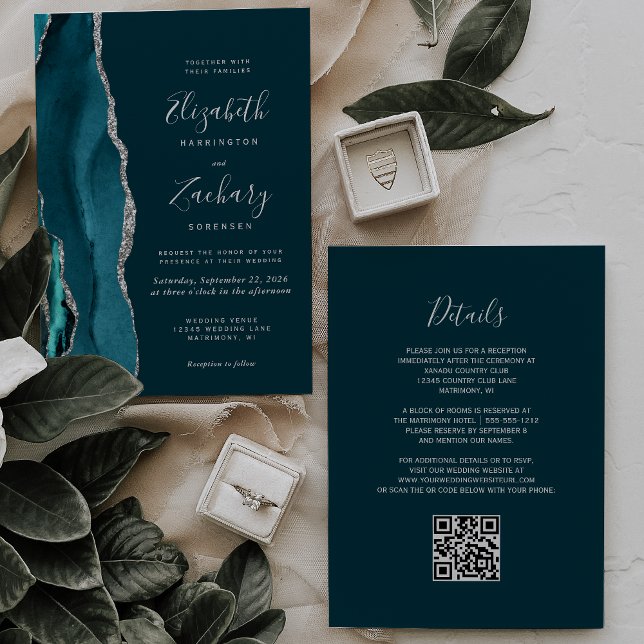 Invitación Moderno Boda de código QR del Agate de plata azul  (Subido por el creador)