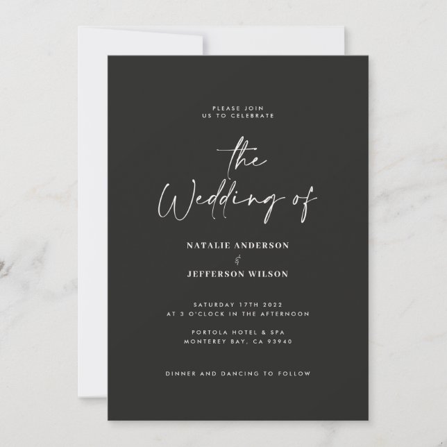 Invitación Moderno boda de código QR mínimo en blanco negro (Anverso)