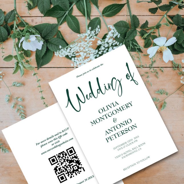 Invitación Moderno Boda de código QR simple en blanco y verde (Subido por el creador)