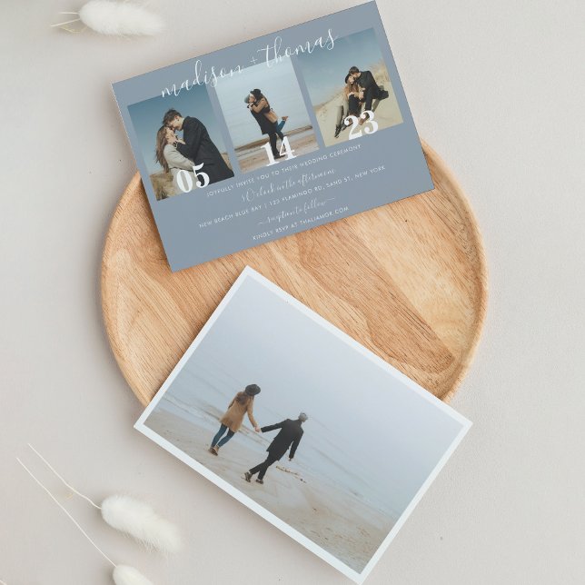 Invitación Moderno Boda de Collage de fotos de guiones azules (Subido por el creador)