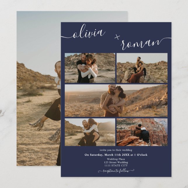 Invitación Moderno boda de collage de imágenes azul marino 6  (Anverso / Reverso)