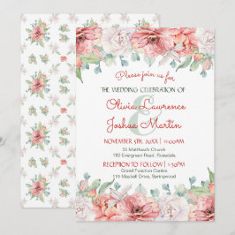 Invitación Moderno Boda de color de agua floral de coral rosa