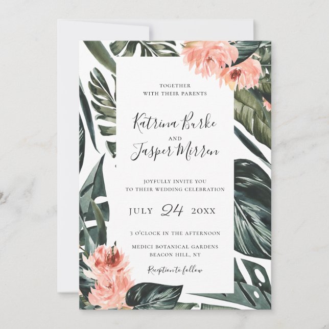 Invitación Moderno Boda de cuadros tropicales de coral (Anverso)