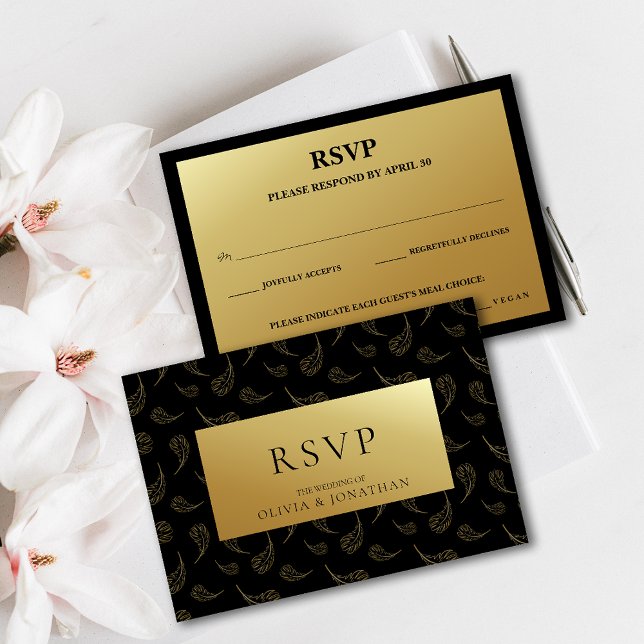 Invitación Moderno Boda de cuero de oro Elección de comida RS (Modern Gold Feather Wedding Meal Choice RSVP Invitation)