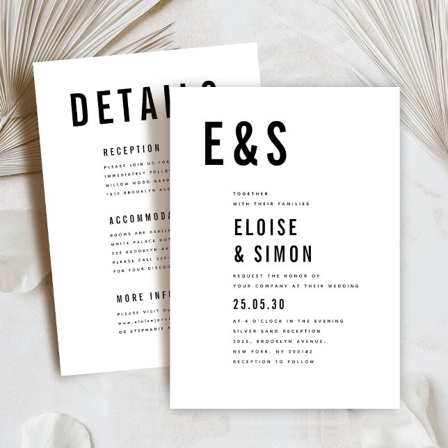 Invitación Moderno Boda de detalles de gran negrita y gran mo (Modern minimalist bold initials typography  details wedding invitation)