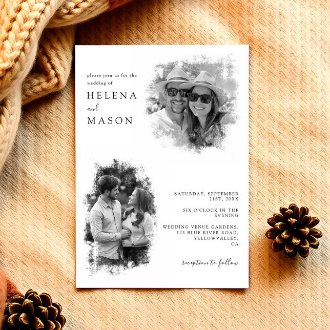 Invitación Moderno boda de dos fotos en blanco y negro (Subido por el creador)