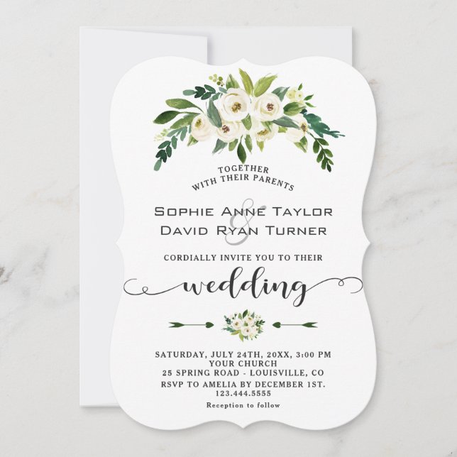 Invitación Moderno Boda de escritura a mano floral en flor de (Anverso)