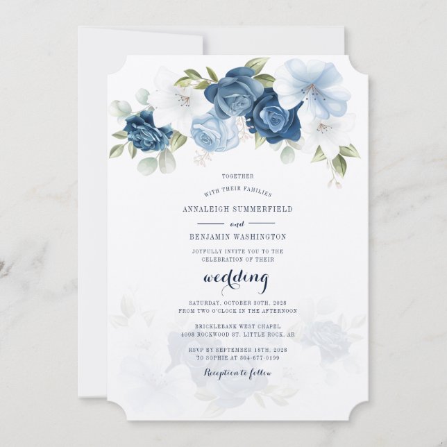 Invitación Moderno Boda de Floral Azul Dusty Botánico (Anverso)