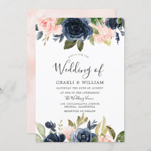 Invitación Moderno Boda de Flores Botánicas Rubor & Navy