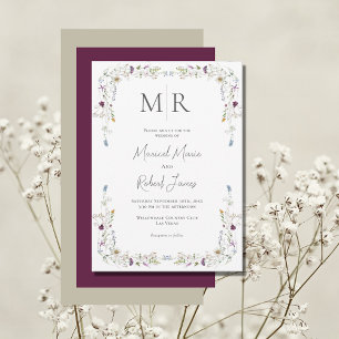 Invitación Moderno Boda de Flores Silvestres Monograma Borgoñ