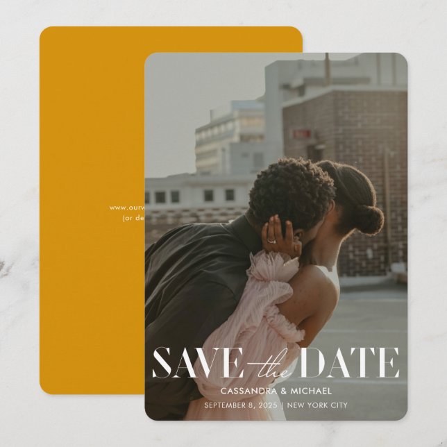 Invitación Moderno Boda de fotografía amarillo dorado Save Da (Anverso / Reverso)