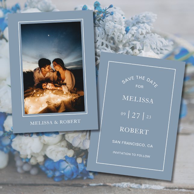 Invitación Moderno Boda de fotografía azul turbulento Minimal (Dusty Blue Simple Modern Photo Wedding Invitation)