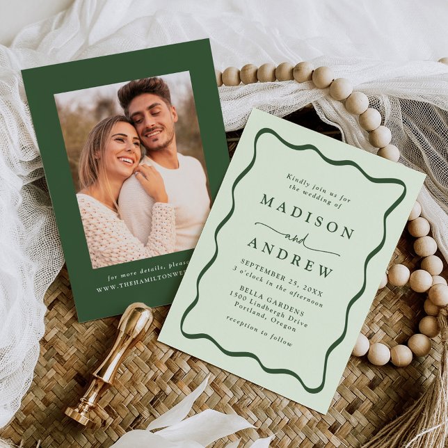 Invitación Moderno Boda de fotografía de marco ondulado verde (Subido por el creador)