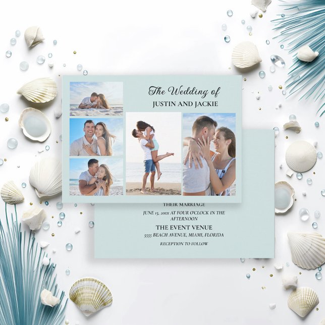 Invitación Moderno Boda de fotografía de moda azul 5 (Blue 5-photo wedding invitation)