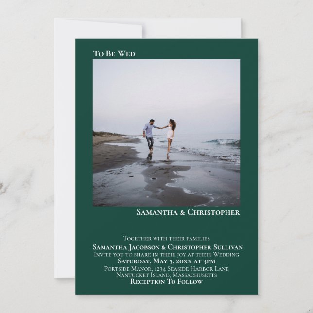 Invitación Moderno Boda de fotografía minimalista verde esmer (Anverso)