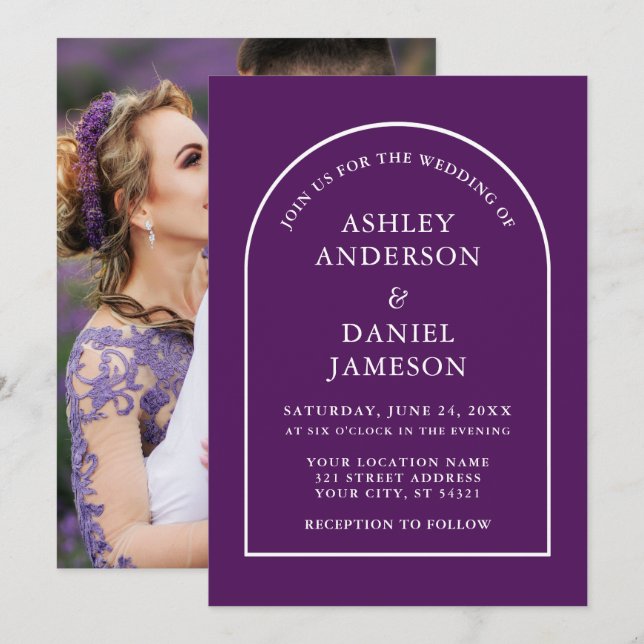 Invitación Moderno Boda de fotografía morada en arco de estil (Anverso / Reverso)