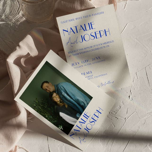 Invitación Moderno Boda de fotografía retro francés azul capr (Subido por el creador)