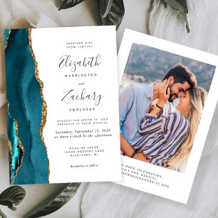 Invitación Moderno Boda de fotografía Verde azulado Blue Gold