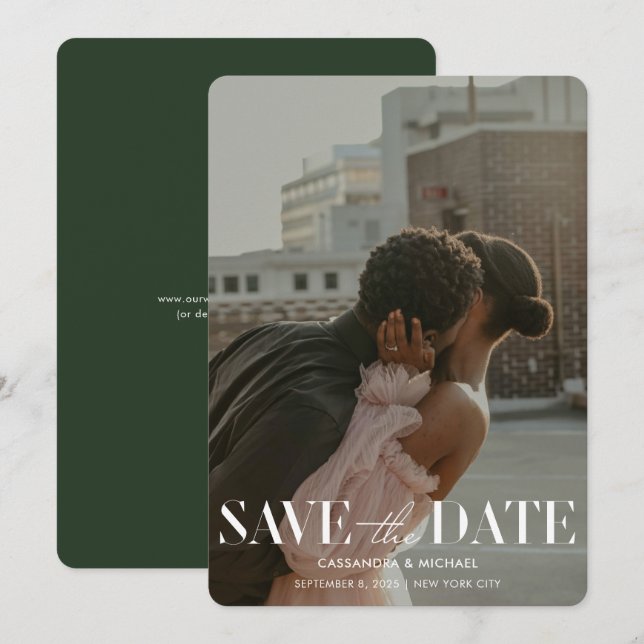 Invitación Moderno Boda de fotografía verde forestal Save Dat (Anverso / Reverso)