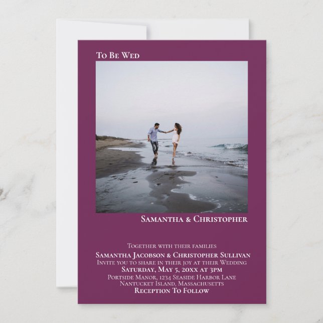 Invitación Moderno Boda de fotos de la pluma magenta Minimali (Anverso)