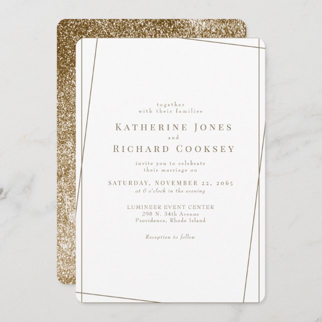 Invitación Moderno Boda de Glam Geométrico Blanco y Oro (Anverso / Reverso)