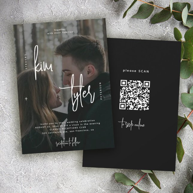 Invitación Moderno boda de guiones de nombres de fotos de QR  (Subido por el creador)