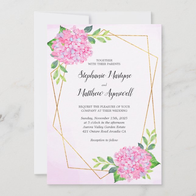 Invitación Moderno Boda de hidrangea floral geométrica rosa (Anverso)