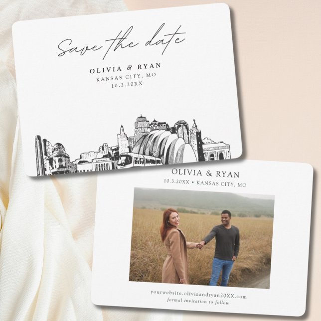 Invitación Moderno Boda de Kansas City Save the Date (Kansas City wedding save the date skyline sketch with engagement photo)