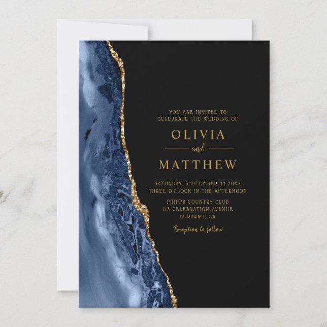 Invitación Moderno Boda de la Agate Blue Gold (Anverso)