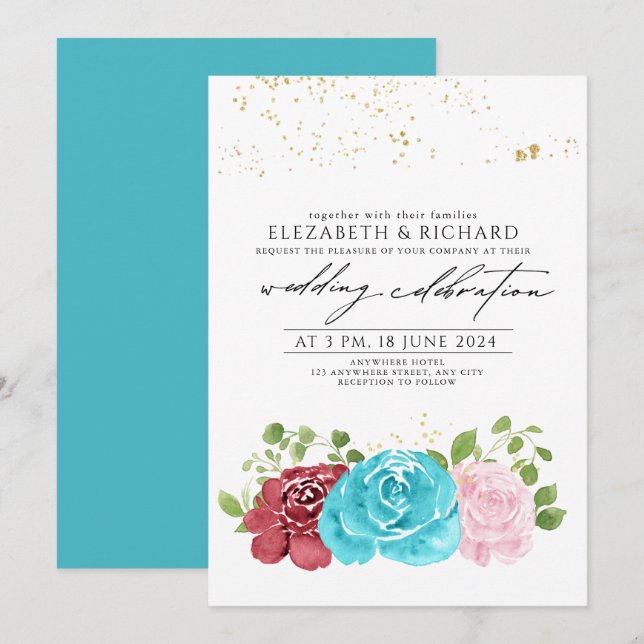 Invitación Moderno Boda de la vegetación floral turquesa (Anverso / Reverso)