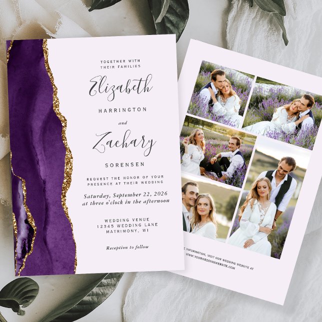 Invitación Moderno Boda de Lavanda de 5 fotos Purple Gold Aga (Subido por el creador)