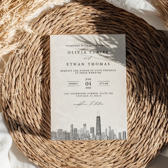 Invitación Moderno Boda de Línea Aérea de Chicago en blanco y (Subido por el creador)