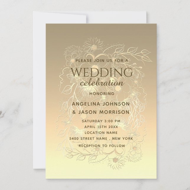 Invitación Moderno Boda de Lujo Elegante Dorado Floral Lace (Anverso)
