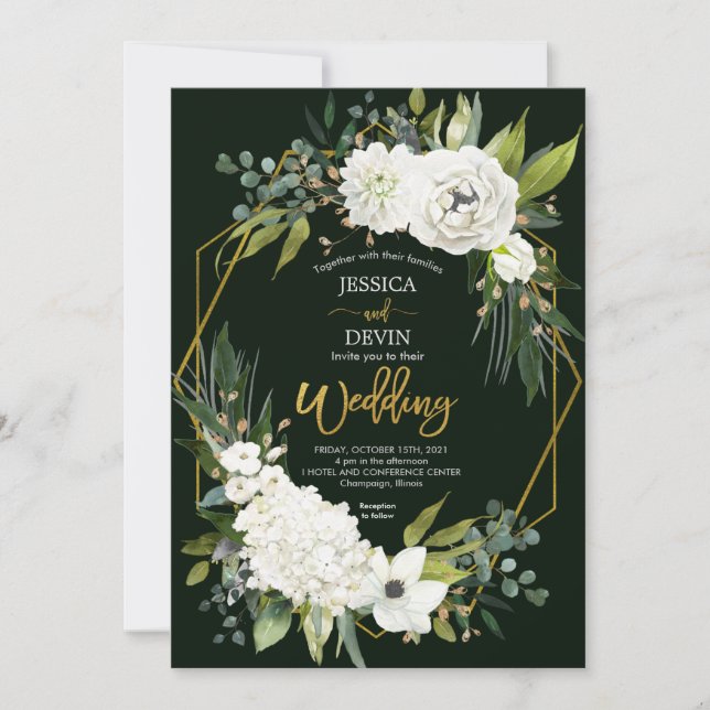 Invitación Moderno Boda de marco dorado con flores blancas (Anverso)