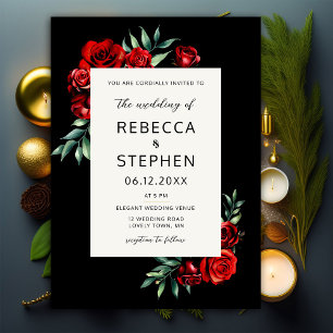 Invitación Moderno Boda de marco floral negro rosa rojo clási