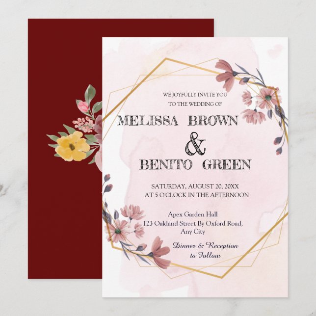 Invitación Moderno Boda de marco geométrico floral elegante (Anverso / Reverso)