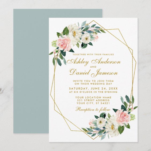 Invitación Moderno Boda de marco geométrico floral rosa dorad (Anverso / Reverso)