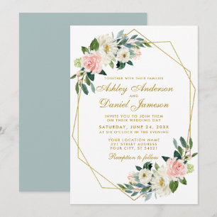 Invitación Moderno Boda de marco geométrico floral rosa dorad