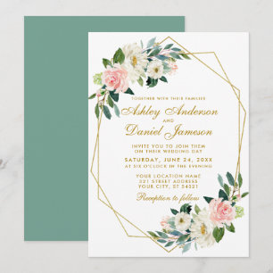 Invitación Moderno Boda de marco geométrico floral rosa dorad