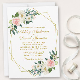 Invitación Moderno Boda de marco geométrico floral rosa dorad