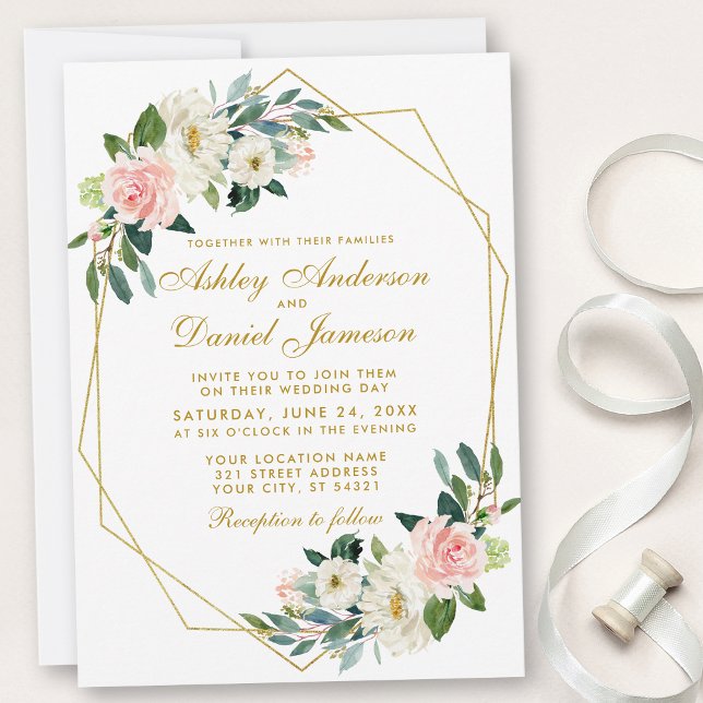 Invitación Moderno Boda de marco geométrico floral rosa dorad (Customize to change text size, style or text color.)