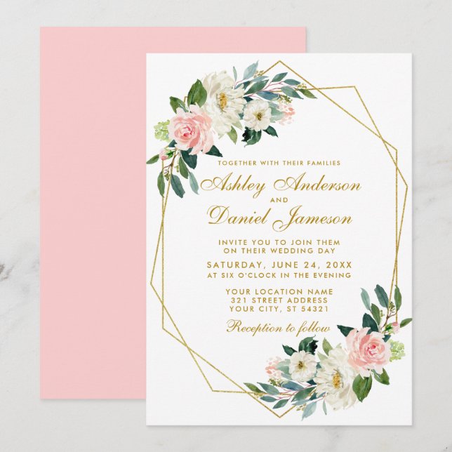 Invitación Moderno Boda de marco geométrico floral rosa dorad (Anverso / Reverso)