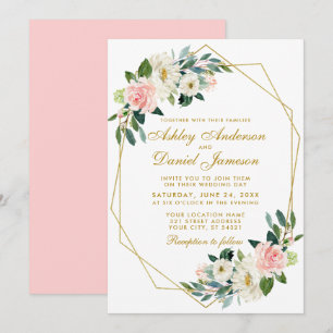 Invitación Moderno Boda de marco geométrico floral rosa dorad