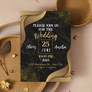 Invitación Moderno Boda de mármol de lujo negro y dorado eleg