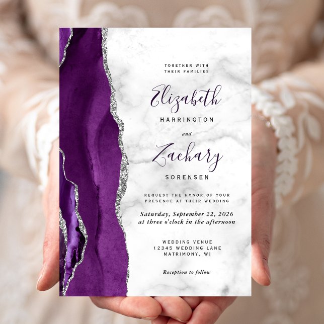 Invitación Moderno Boda de mármol de plata morada agate (Subido por el creador)