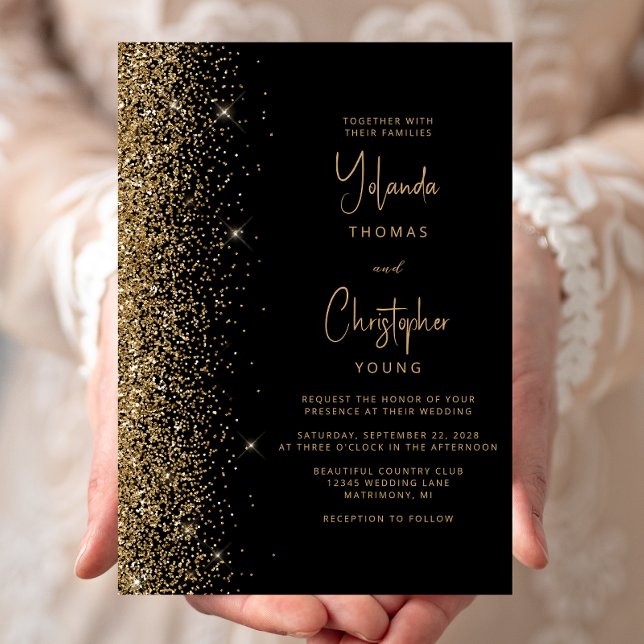 Invitación Moderno Boda de moda Purpurina de oro negro (Subido por el creador)