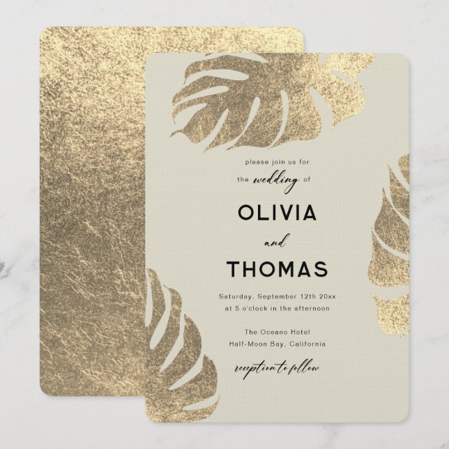 Invitación Moderno Boda de Moda Tropical Gold Elegante (Anverso / Reverso)